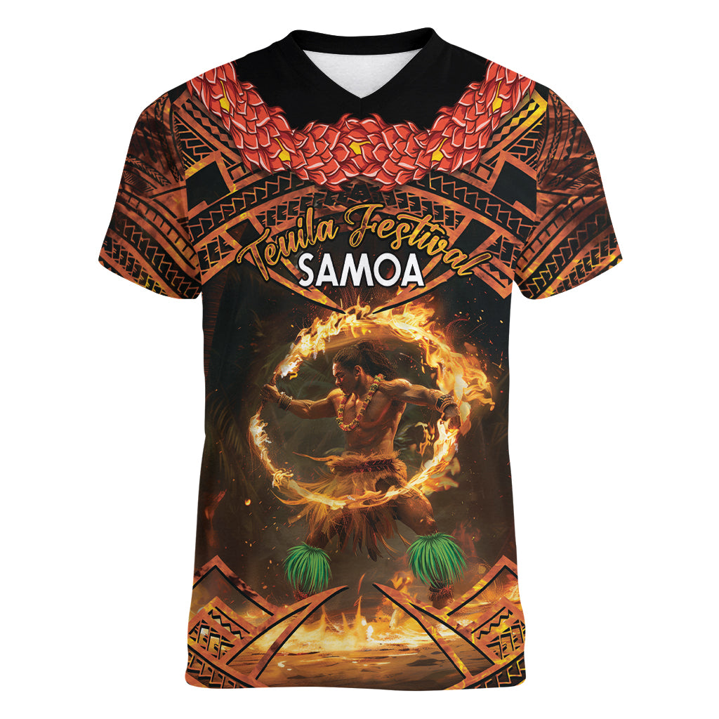 Samoa Teuila 2024 Festival Women V-Neck T-Shirt Samoan Siva Afi With Red Gingers