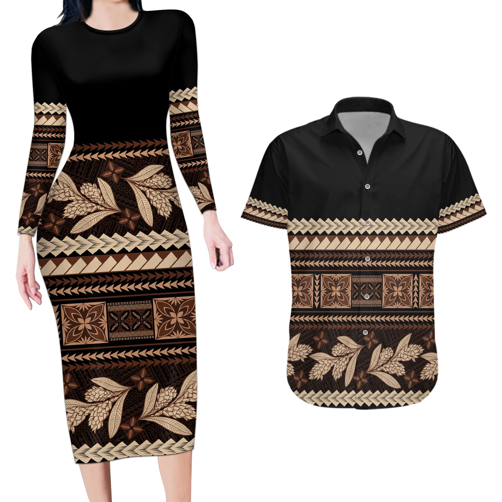 Black Samoa Siapo Teuila Flowers Couples Matching Long Sleeve Bodycon Dress and Hawaiian Shirt