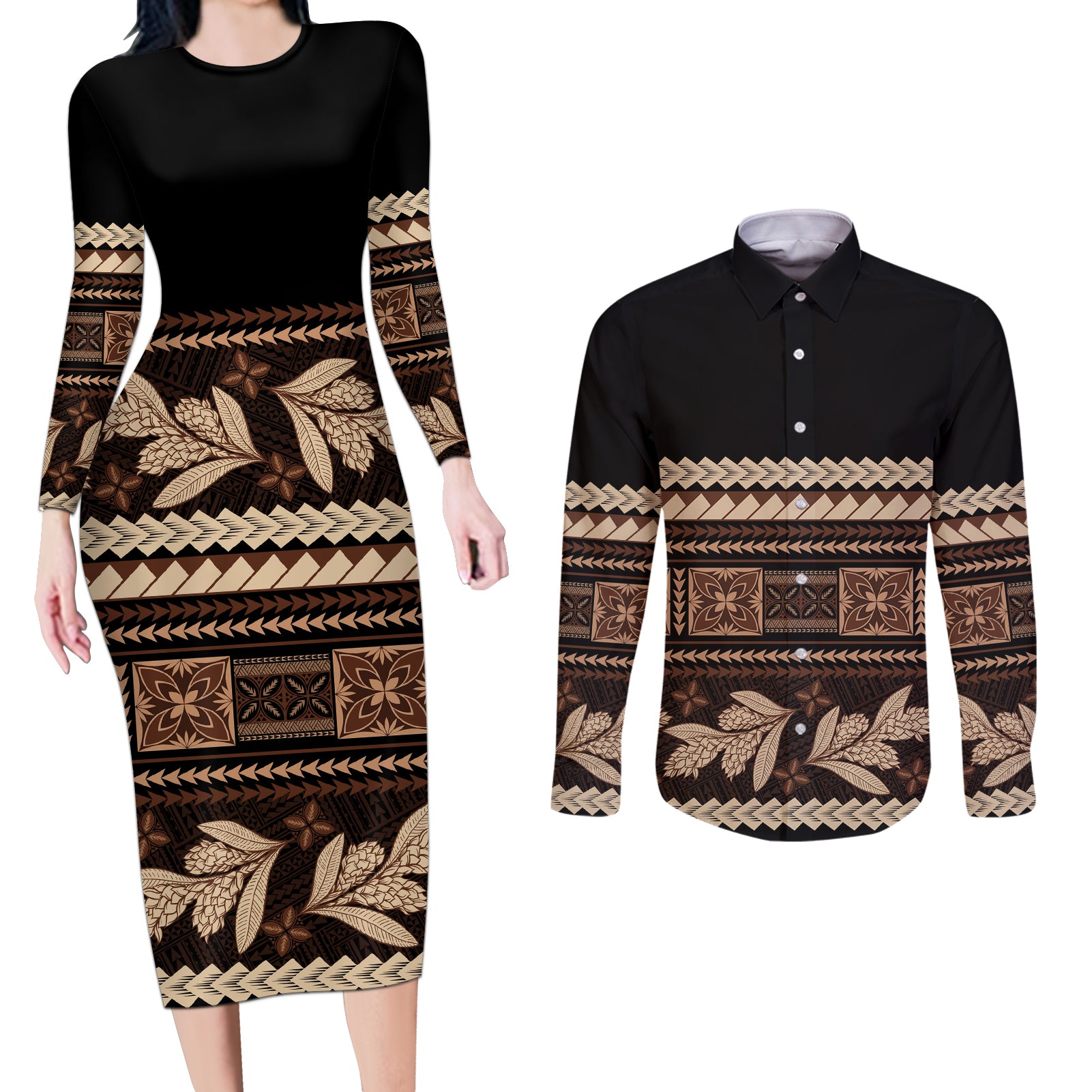 Black Samoa Siapo Teuila Flowers Couples Matching Long Sleeve Bodycon Dress and Long Sleeve Button Shirt