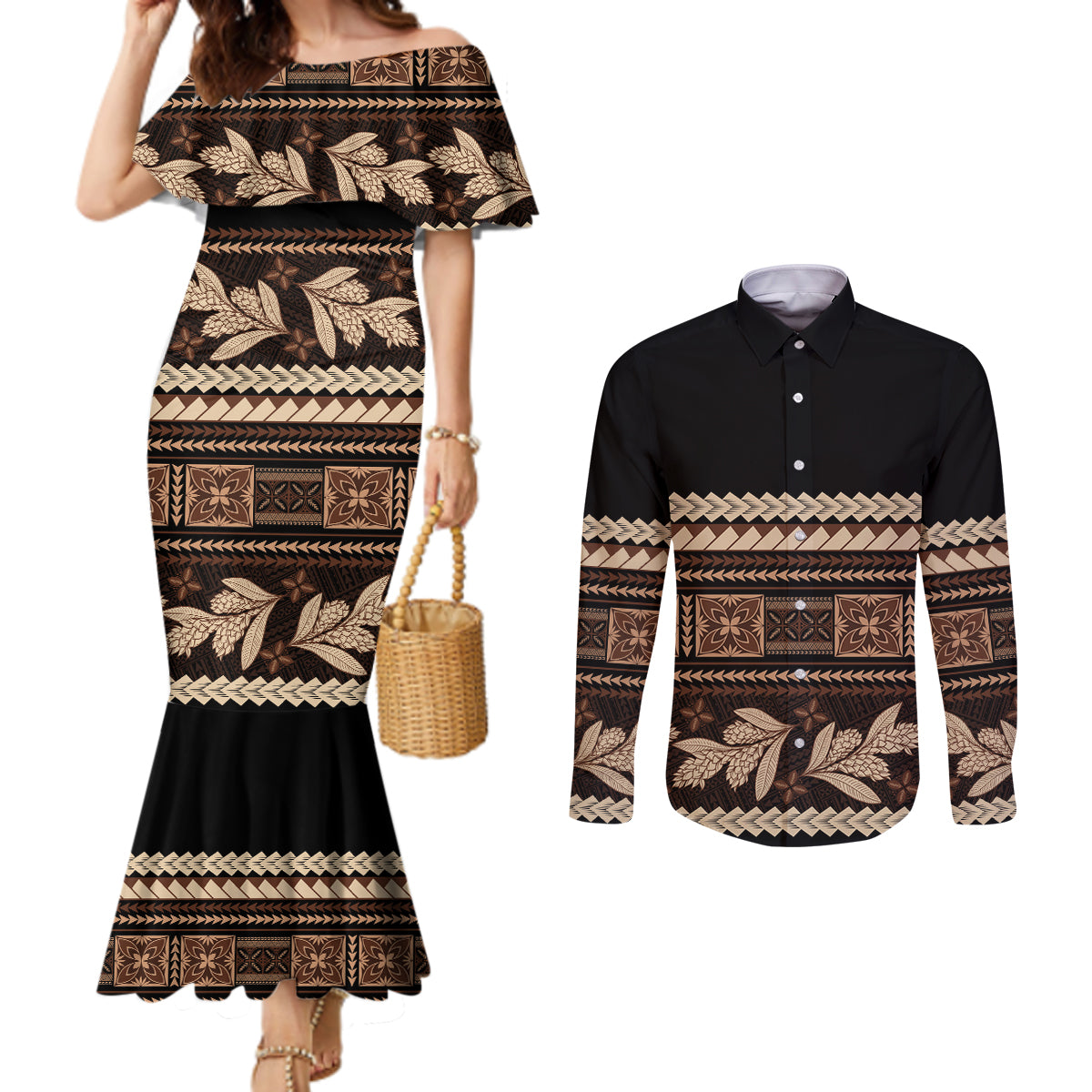 Black Samoa Siapo Teuila Flowers Couples Matching Mermaid Dress and Long Sleeve Button Shirt