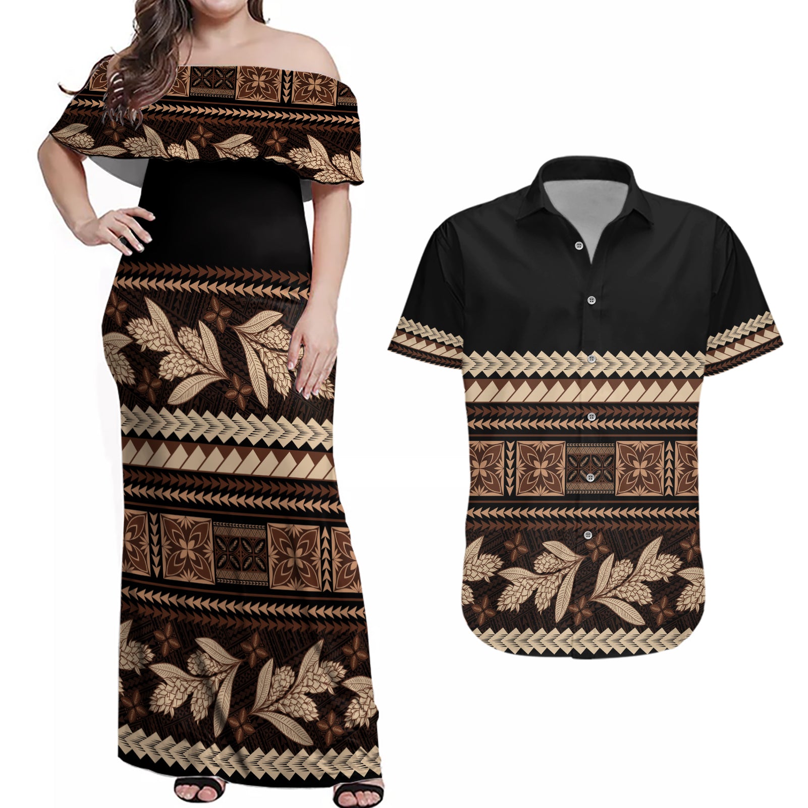 Black Samoa Siapo Teuila Flowers Couples Matching Off Shoulder Maxi Dress and Hawaiian Shirt