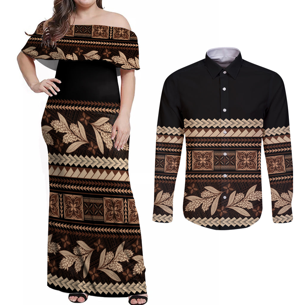 Black Samoa Siapo Teuila Flowers Couples Matching Off Shoulder Maxi Dress and Long Sleeve Button Shirt