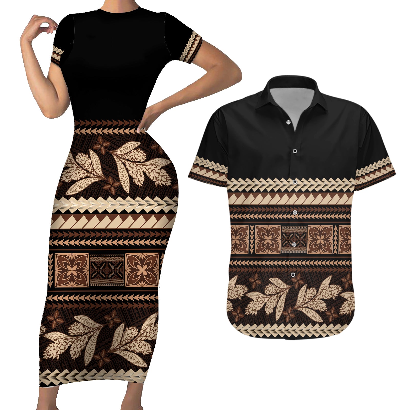 Black Samoa Siapo Teuila Flowers Couples Matching Short Sleeve Bodycon Dress and Hawaiian Shirt