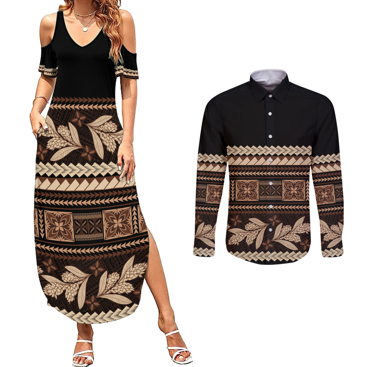 Black Samoa Siapo Teuila Flowers Couples Matching Summer Maxi Dress and Long Sleeve Button Shirt