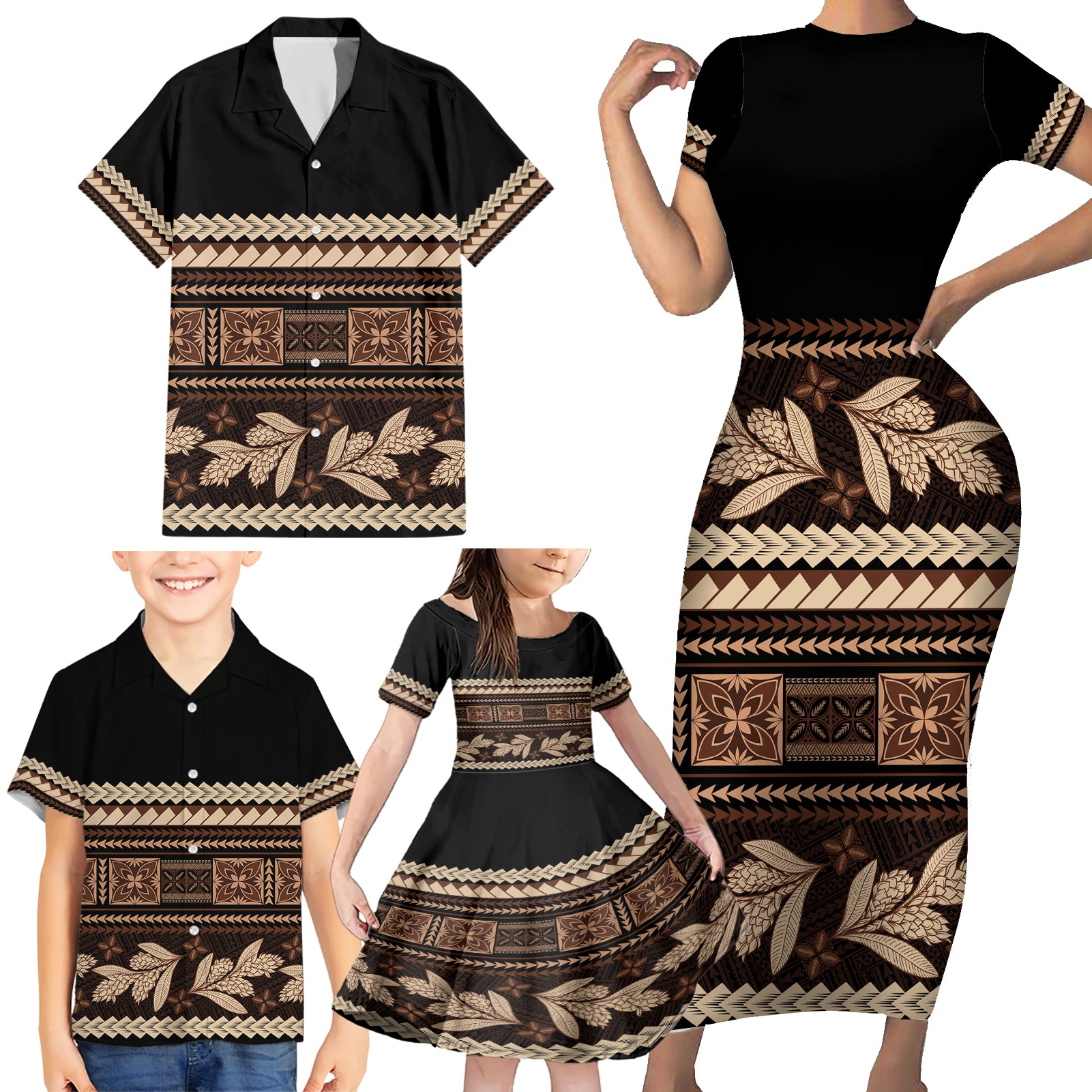 Black Samoa Siapo Teuila Flowers Family Matching Short Sleeve Bodycon Dress and Hawaiian Shirt