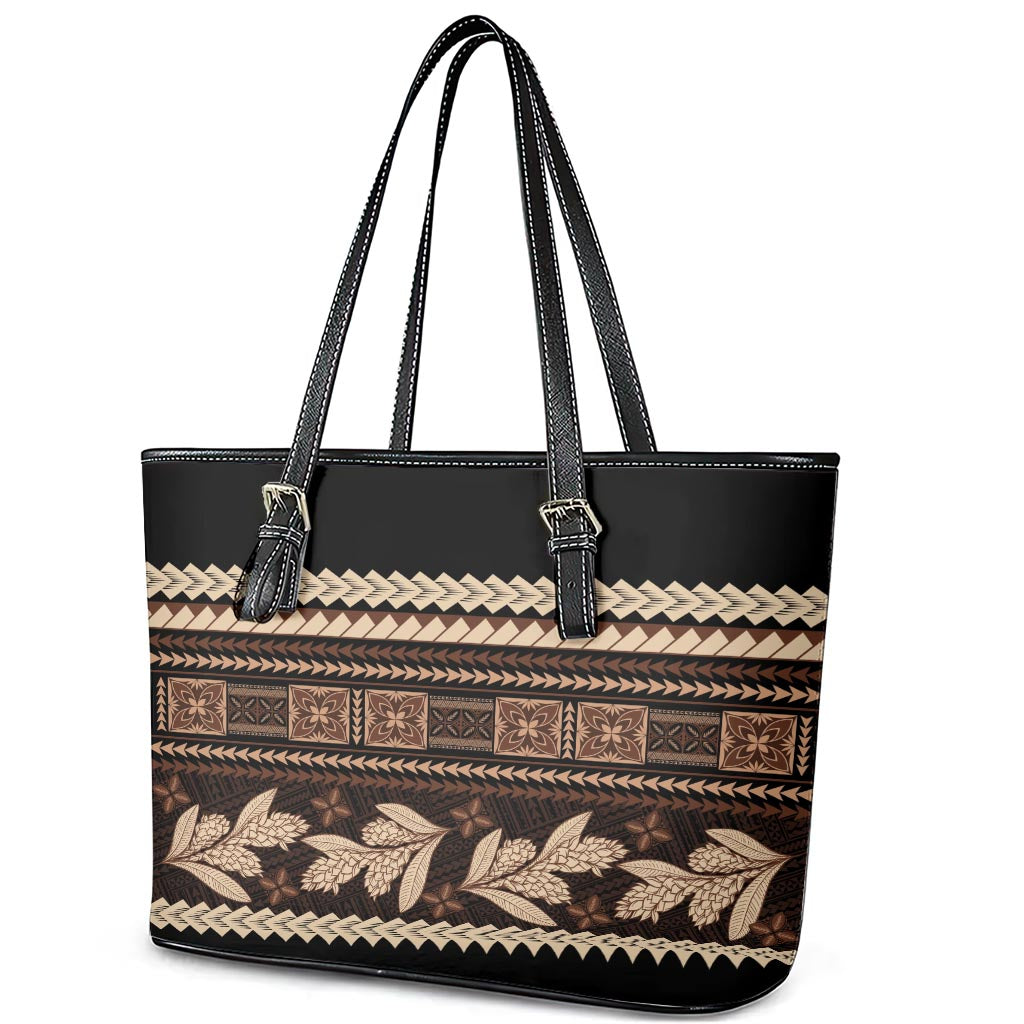 Black Samoa Siapo Teuila Flowers Leather Tote Bag