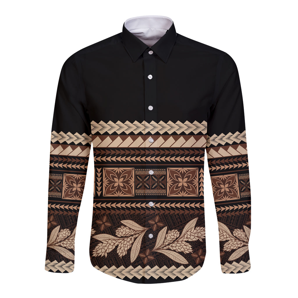 Black Samoa Siapo Teuila Flowers Long Sleeve Button Shirt