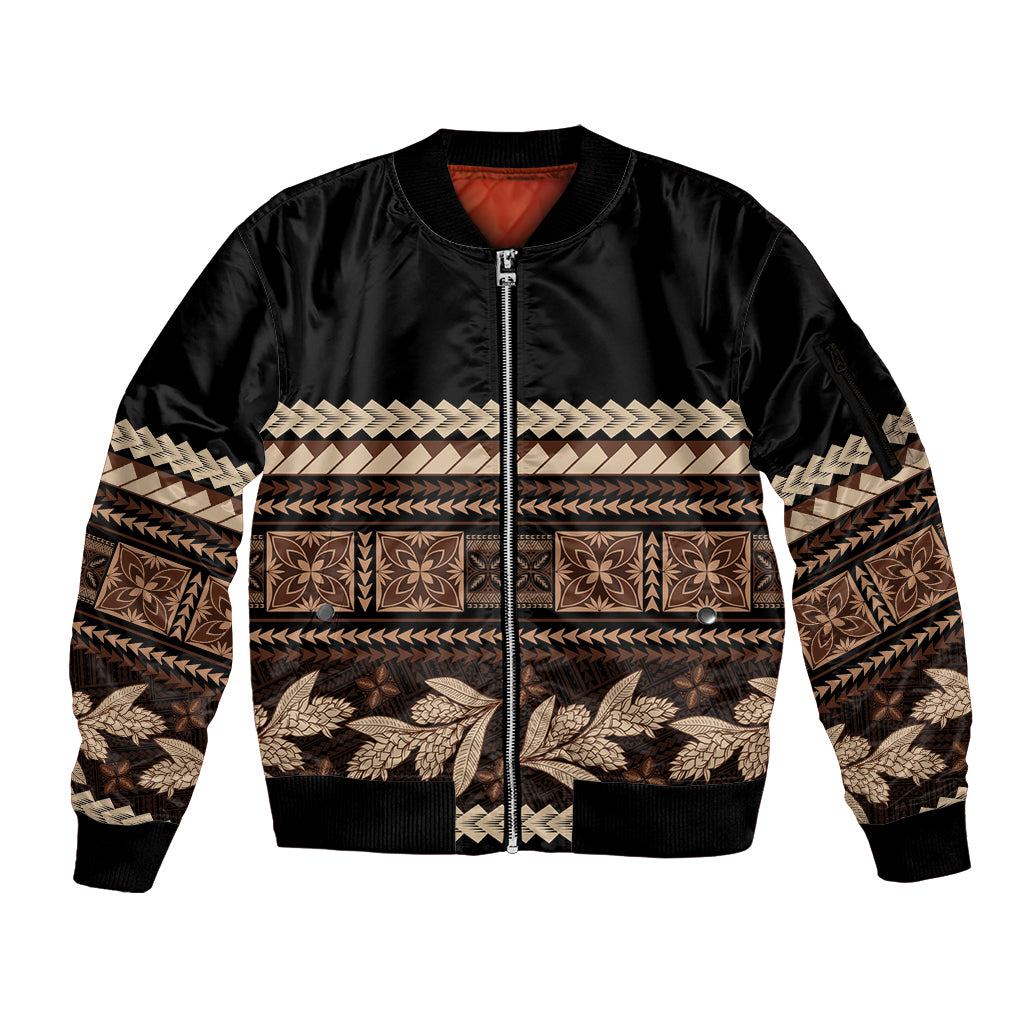 Black Samoa Siapo Teuila Flowers Sleeve Zip Bomber Jacket