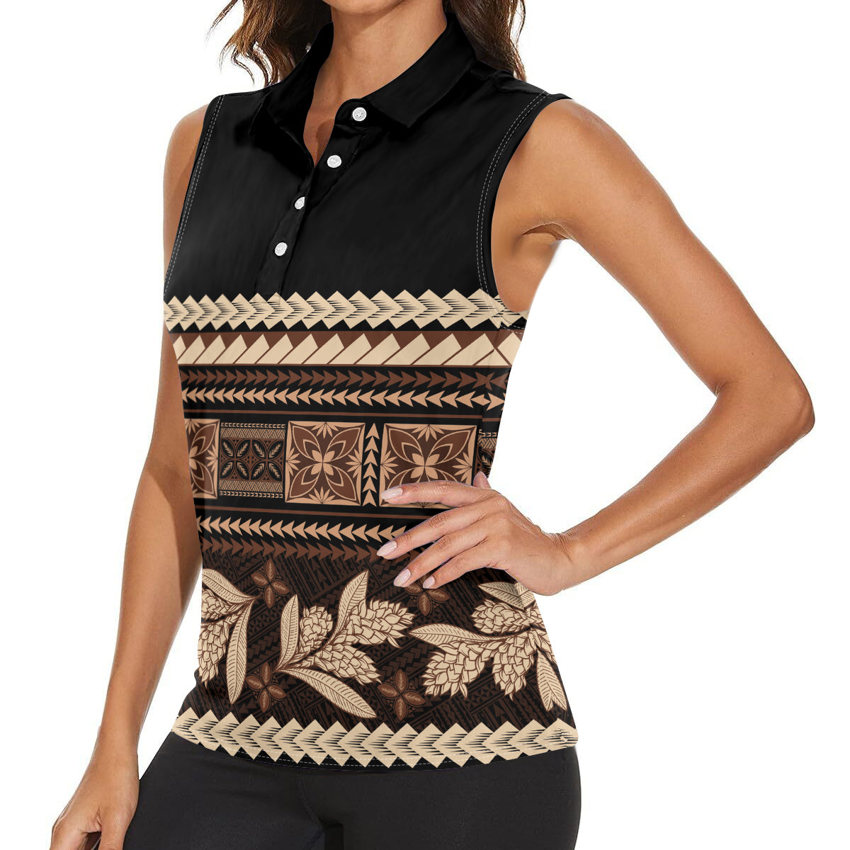 Black Samoa Siapo Teuila Flowers Women Sleeveless Polo Shirt