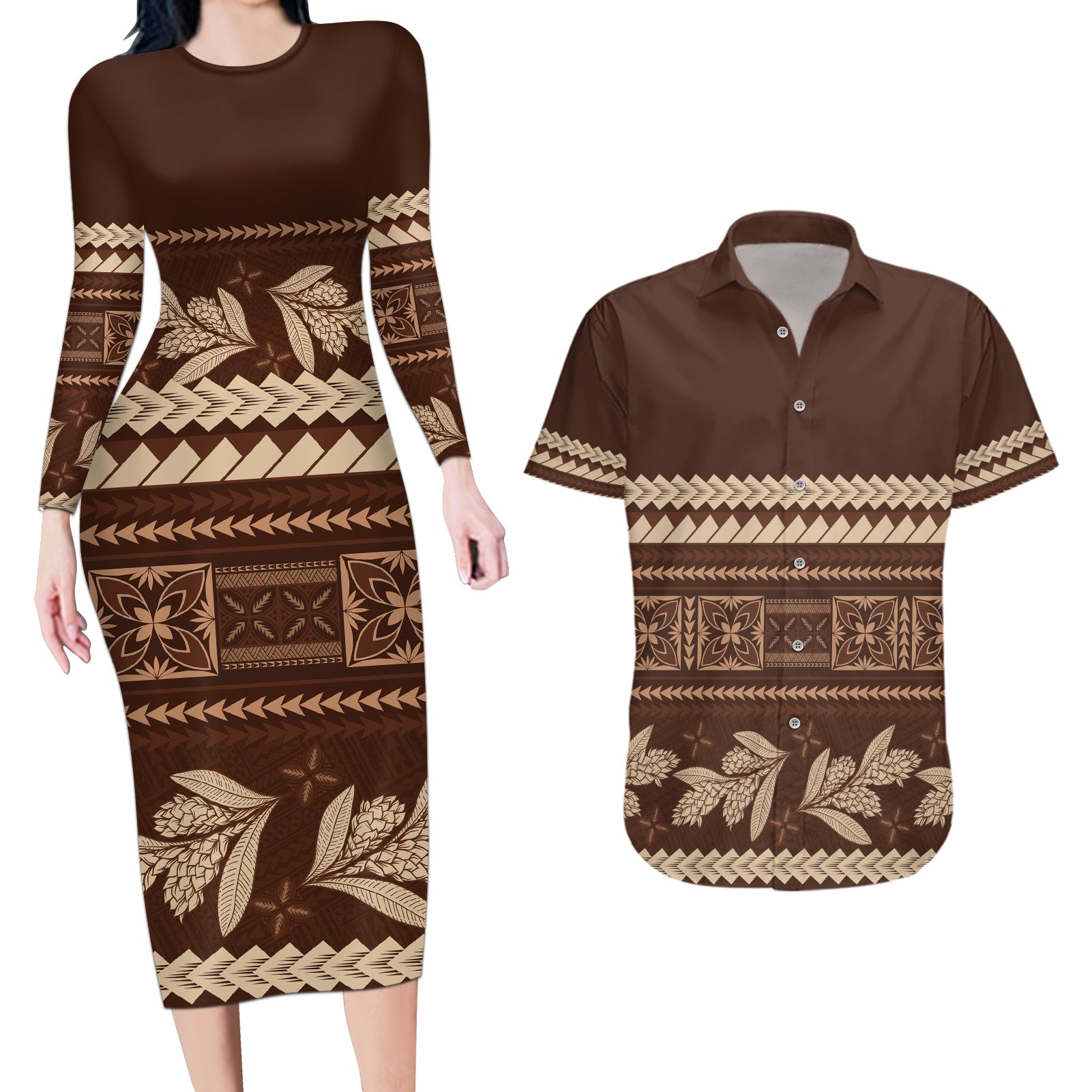 Brown Samoa Siapo Teuila Flowers Couples Matching Long Sleeve Bodycon Dress and Hawaiian Shirt