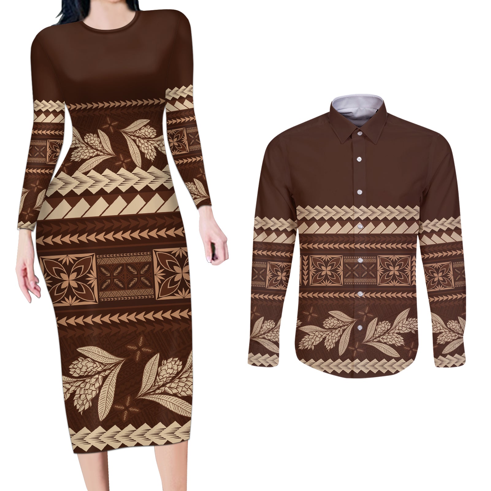 Brown Samoa Siapo Teuila Flowers Couples Matching Long Sleeve Bodycon Dress and Long Sleeve Button Shirt