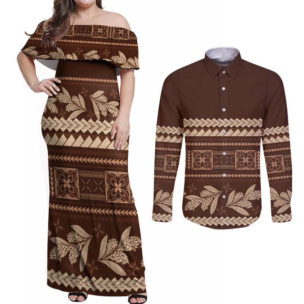 Brown Samoa Siapo Teuila Flowers Couples Matching Off Shoulder Maxi Dress and Long Sleeve Button Shirt