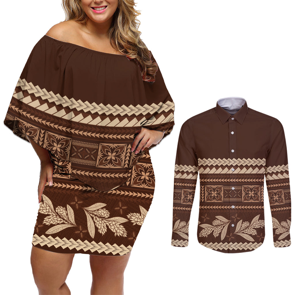 Brown Samoa Siapo Teuila Flowers Couples Matching Off Shoulder Short Dress and Long Sleeve Button Shirt