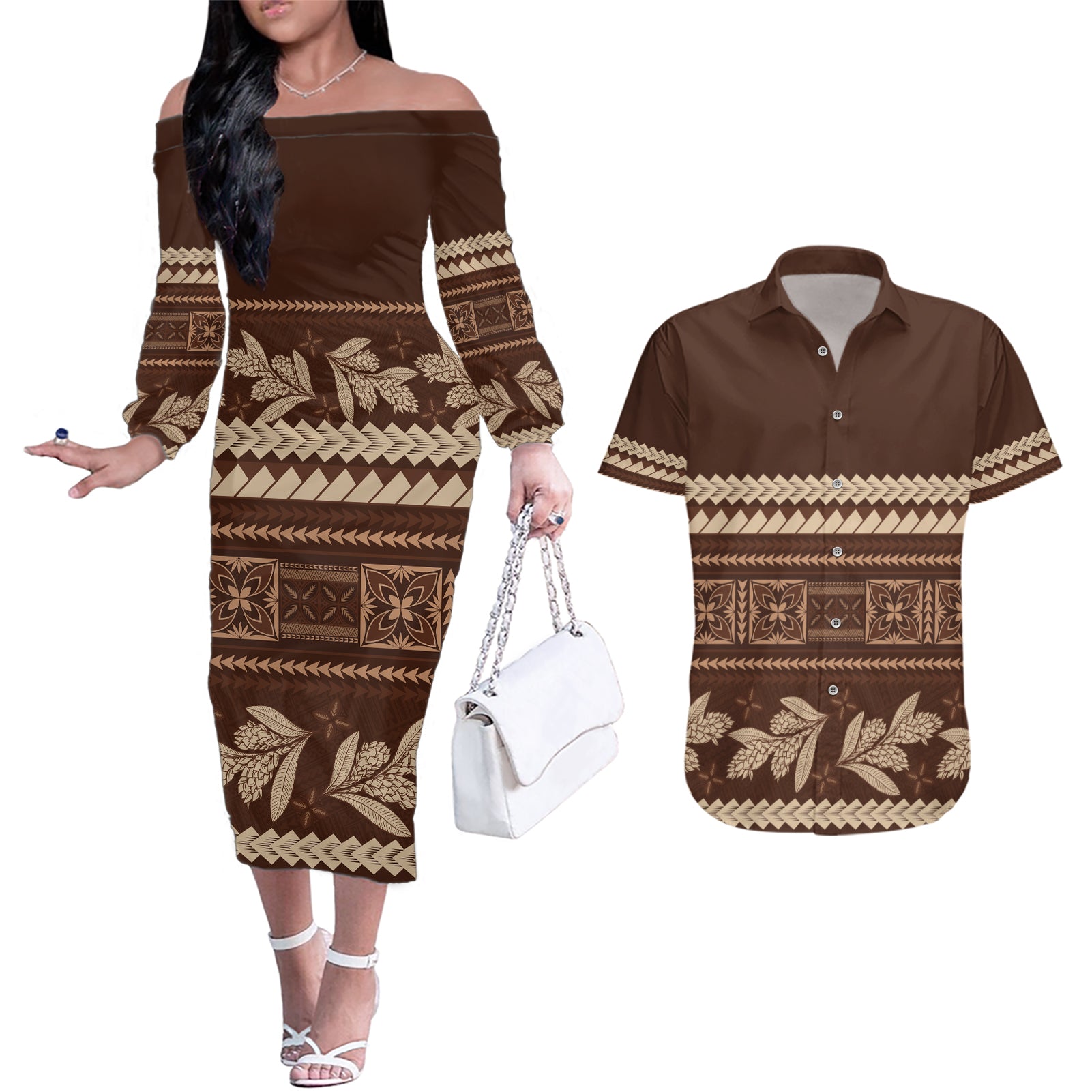 Brown Samoa Siapo Teuila Flowers Couples Matching Off The Shoulder Long Sleeve Dress and Hawaiian Shirt