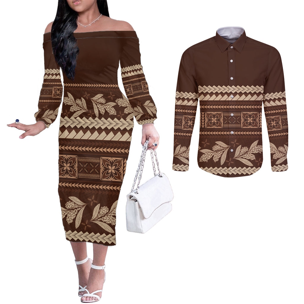 Brown Samoa Siapo Teuila Flowers Couples Matching Off The Shoulder Long Sleeve Dress and Long Sleeve Button Shirt