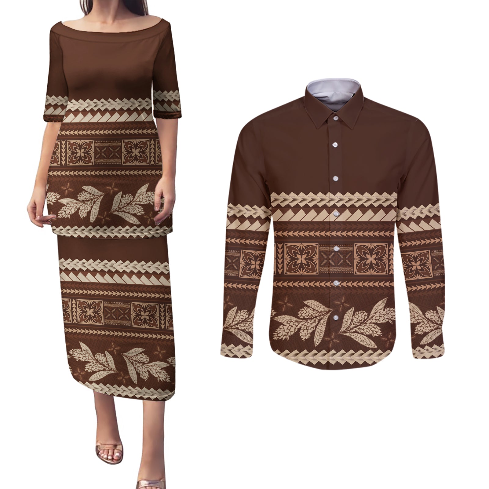 Brown Samoa Siapo Teuila Flowers Couples Matching Puletasi and Long Sleeve Button Shirt