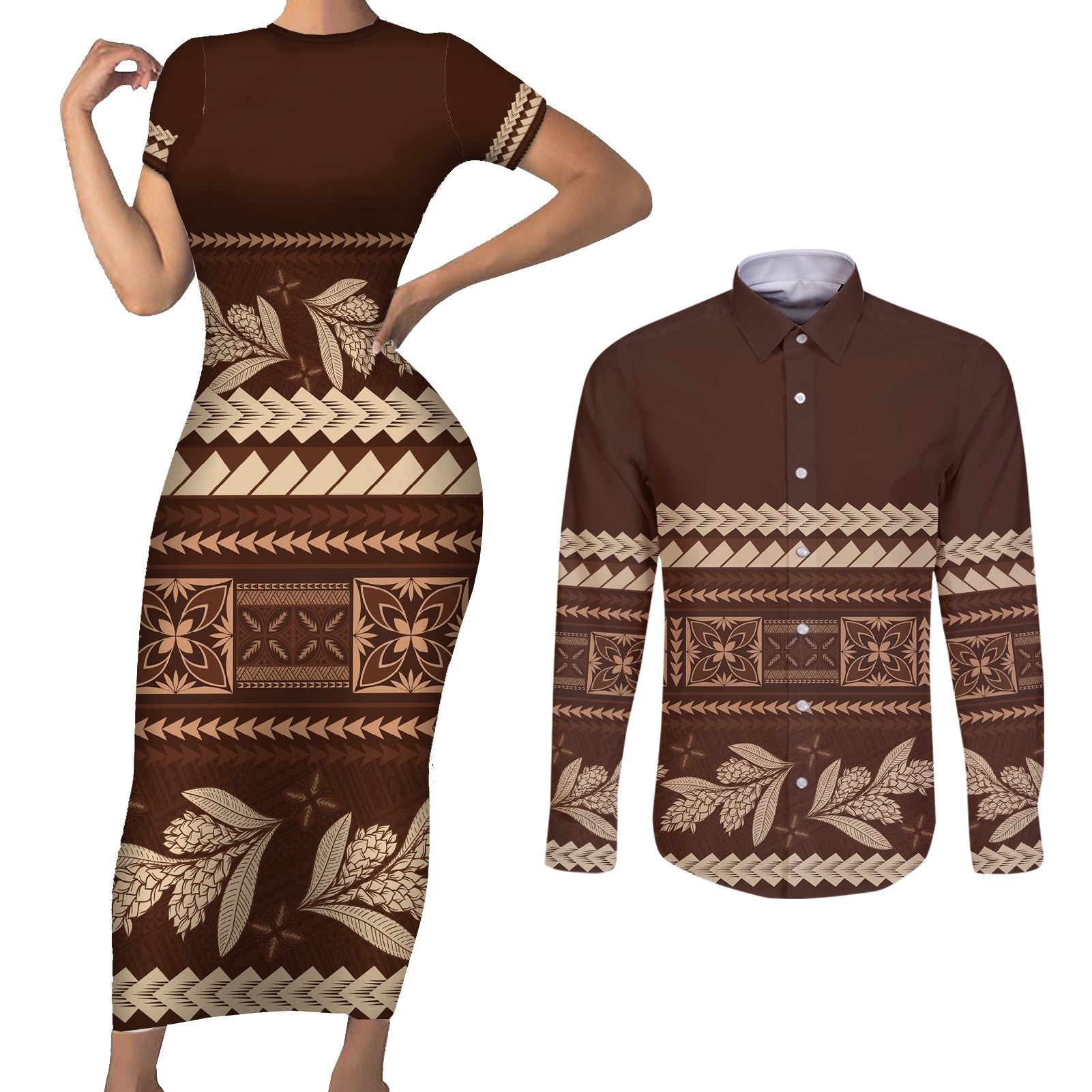 Brown Samoa Siapo Teuila Flowers Couples Matching Short Sleeve Bodycon Dress and Long Sleeve Button Shirt