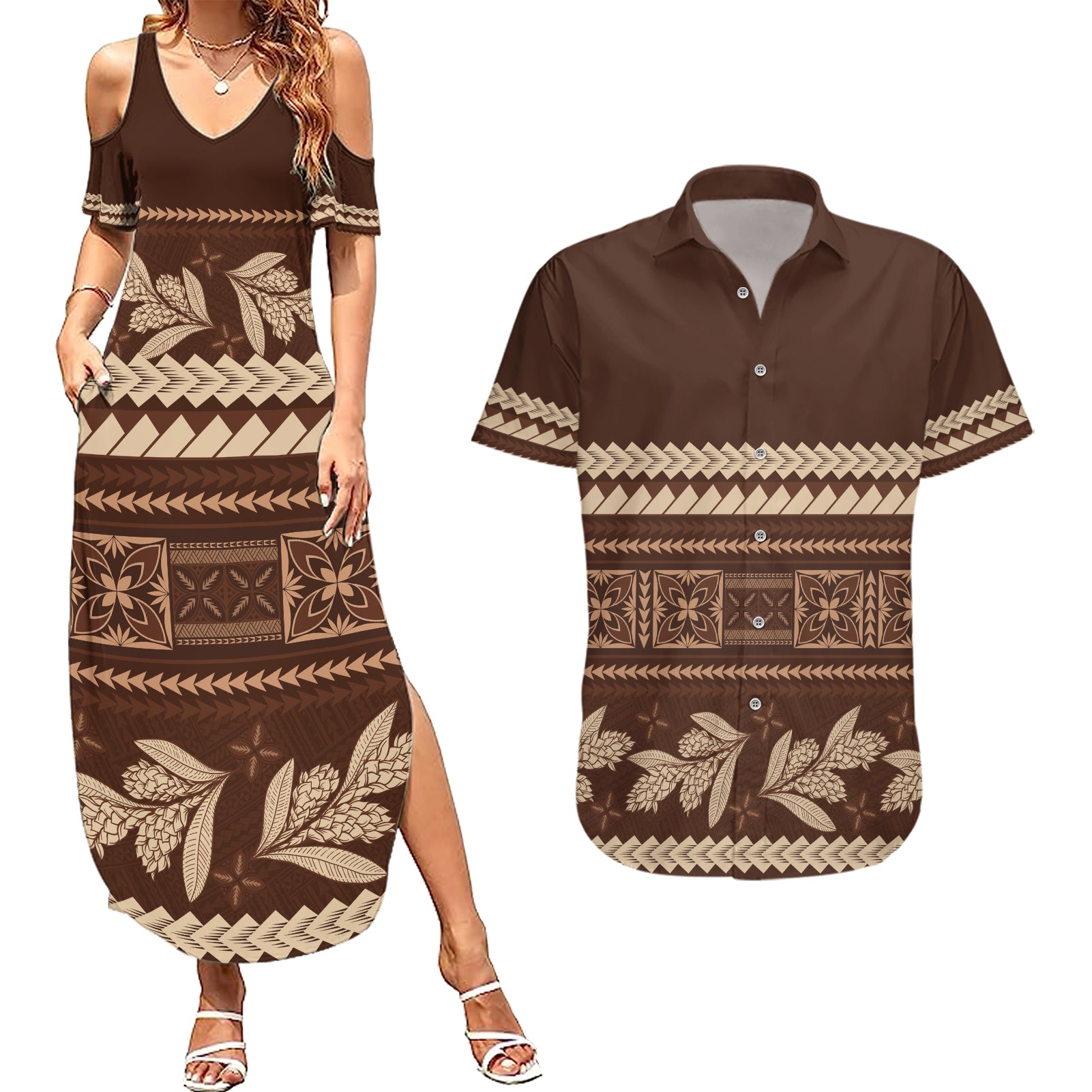 Brown Samoa Siapo Teuila Flowers Couples Matching Summer Maxi Dress and Hawaiian Shirt