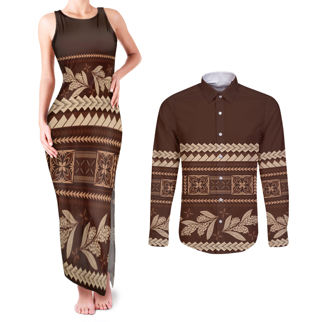 Brown Samoa Siapo Teuila Flowers Couples Matching Tank Maxi Dress and Long Sleeve Button Shirt