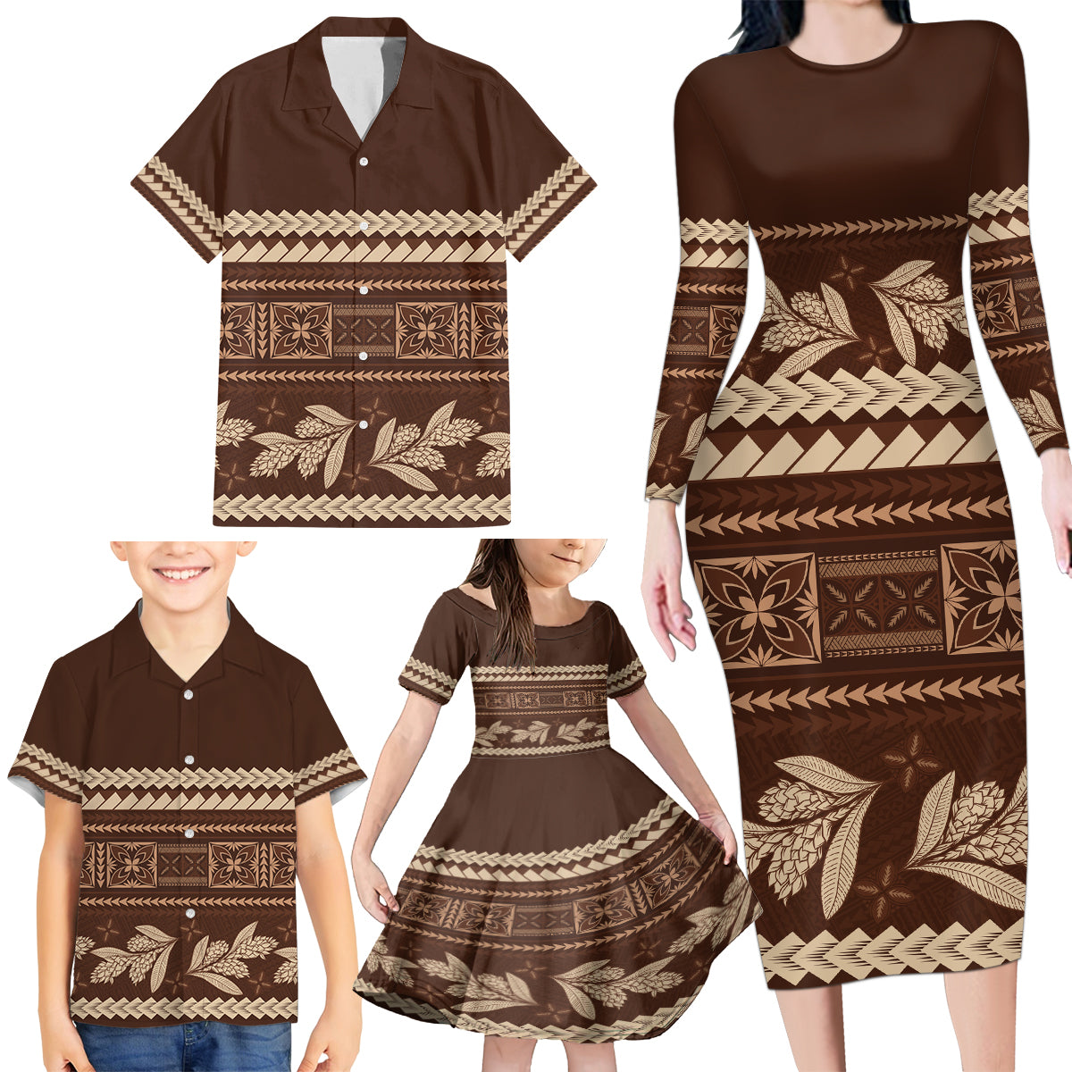 Brown Samoa Siapo Teuila Flowers Family Matching Long Sleeve Bodycon Dress and Hawaiian Shirt