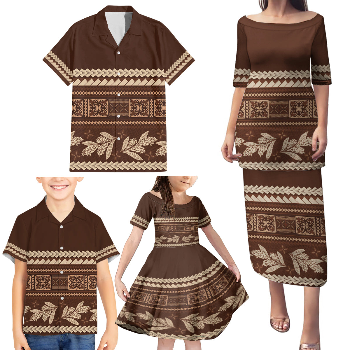 Brown Samoa Siapo Teuila Flowers Family Matching Puletasi and Hawaiian Shirt