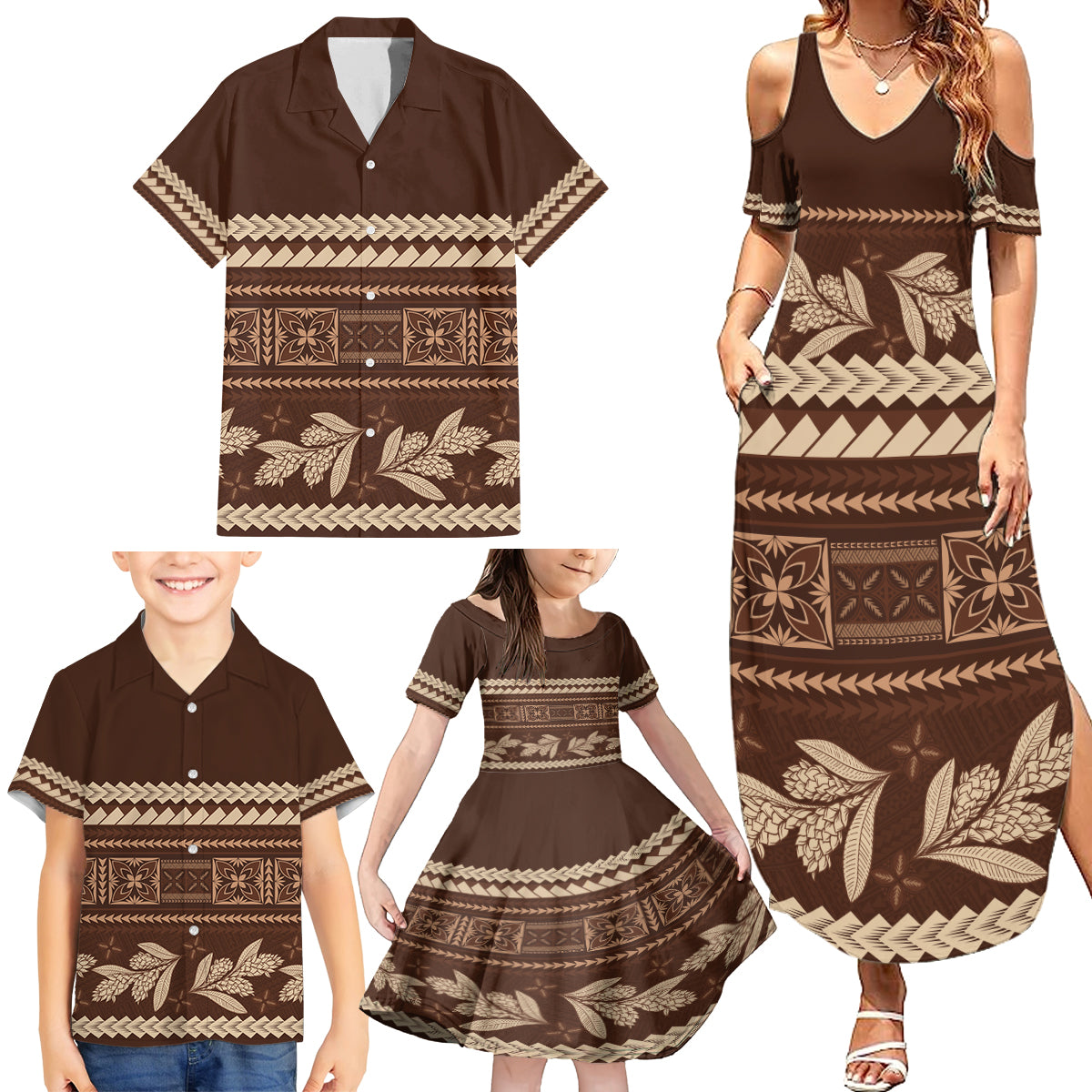 Brown Samoa Siapo Teuila Flowers Family Matching Summer Maxi Dress and Hawaiian Shirt