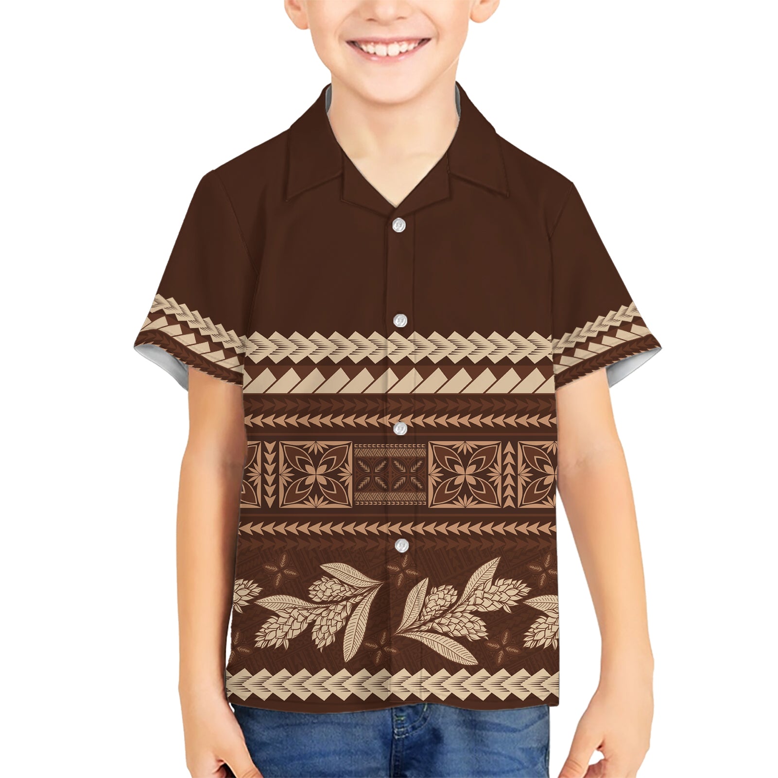 Brown Samoa Siapo Teuila Flowers Kid Hawaiian Shirt