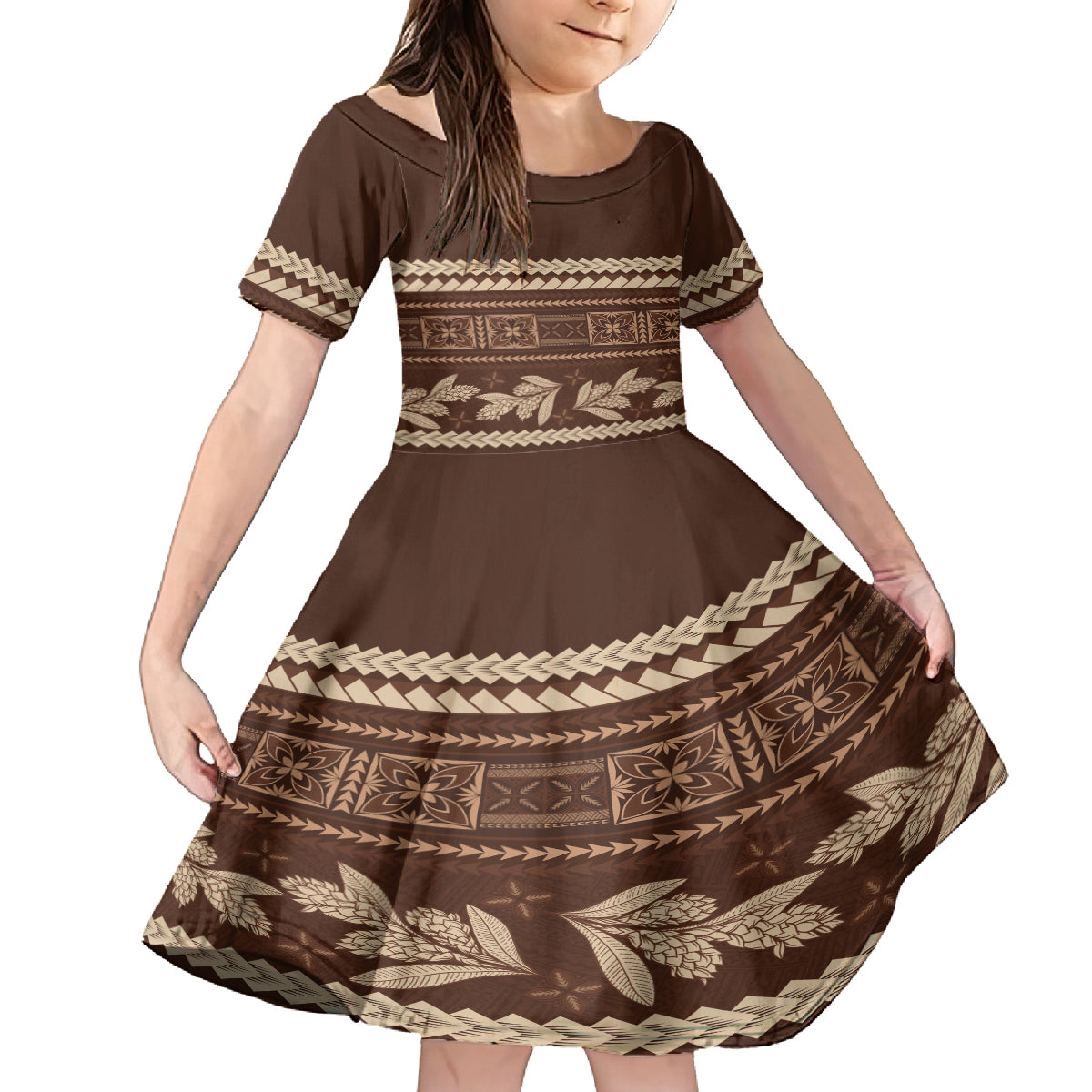 Brown Samoa Siapo Teuila Flowers Kid Short Sleeve Dress