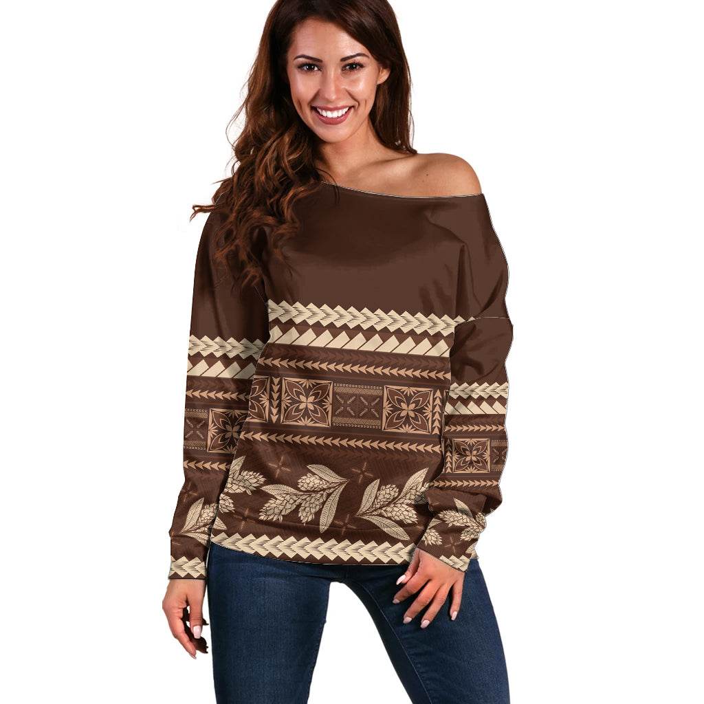 Brown Samoa Siapo Teuila Flowers Off Shoulder Sweater