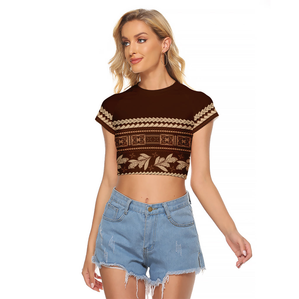 Brown Samoa Siapo Teuila Flowers Raglan Cropped T Shirt