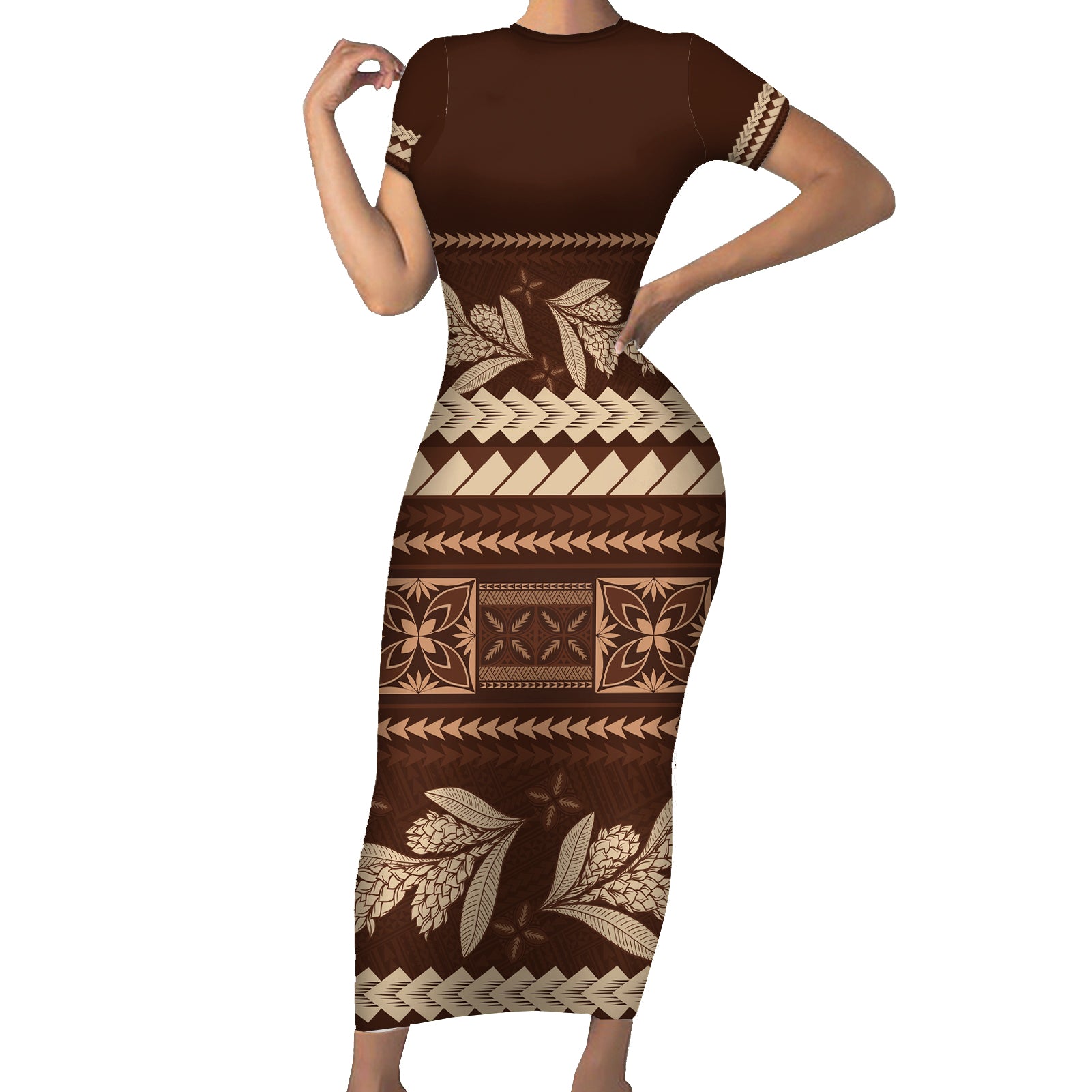 Brown Samoa Siapo Teuila Flowers Short Sleeve Bodycon Dress