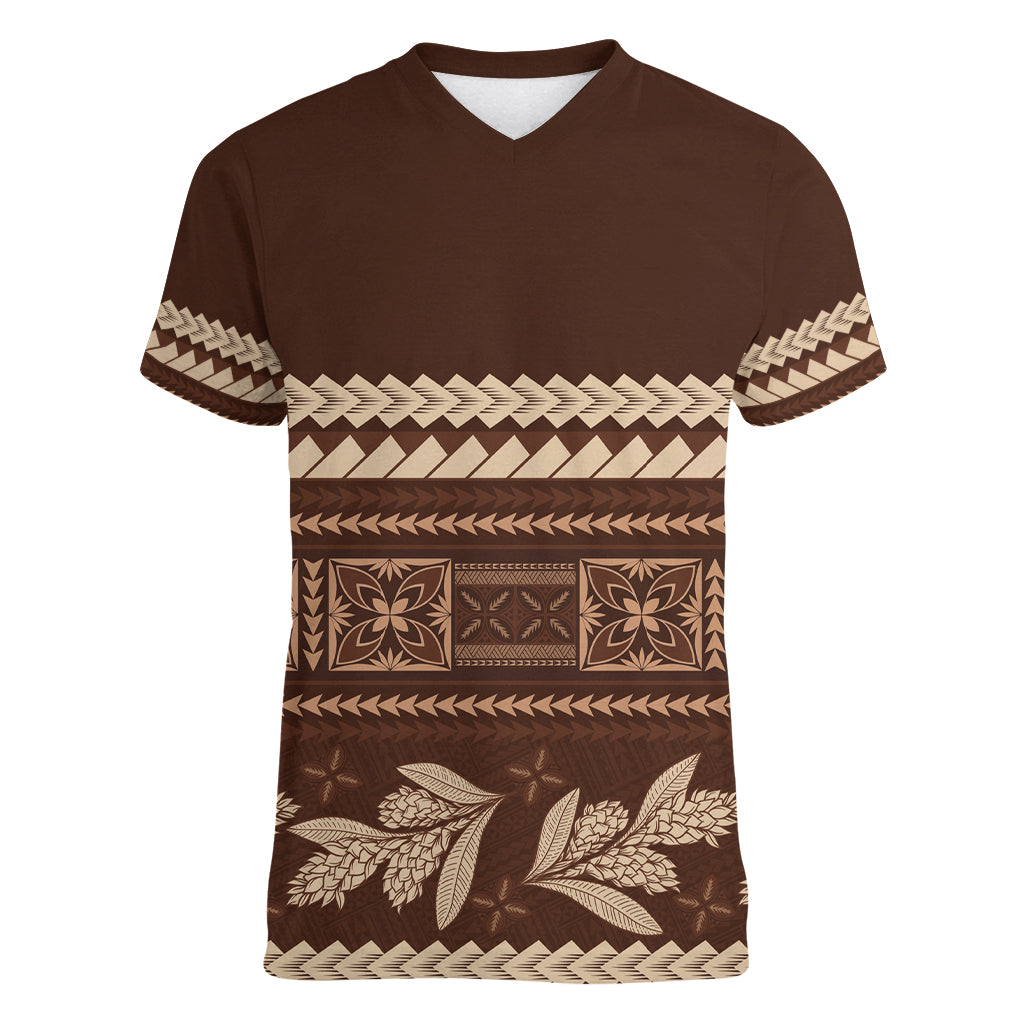 Brown Samoa Siapo Teuila Flowers Women V-Neck T-Shirt