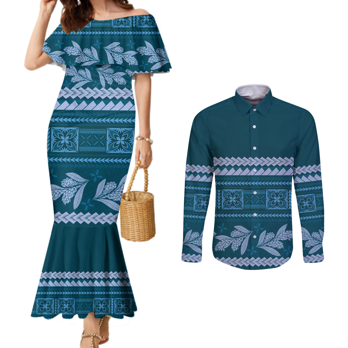 Dark Cyan Samoa Siapo Teuila Flowers Couples Matching Mermaid Dress and Long Sleeve Button Shirt