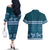 Dark Cyan Samoa Siapo Teuila Flowers Couples Matching Off The Shoulder Long Sleeve Dress and Hawaiian Shirt