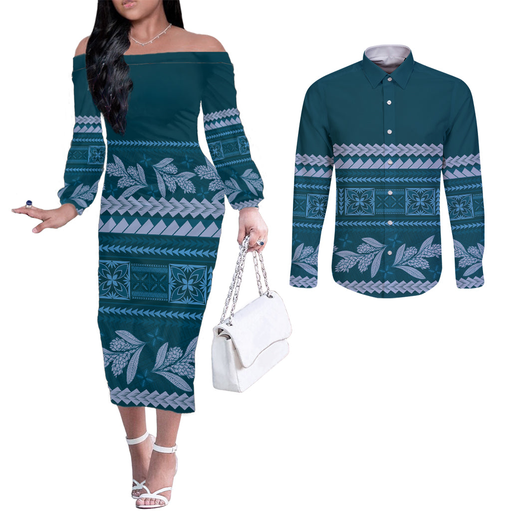 Dark Cyan Samoa Siapo Teuila Flowers Couples Matching Off The Shoulder Long Sleeve Dress and Long Sleeve Button Shirt