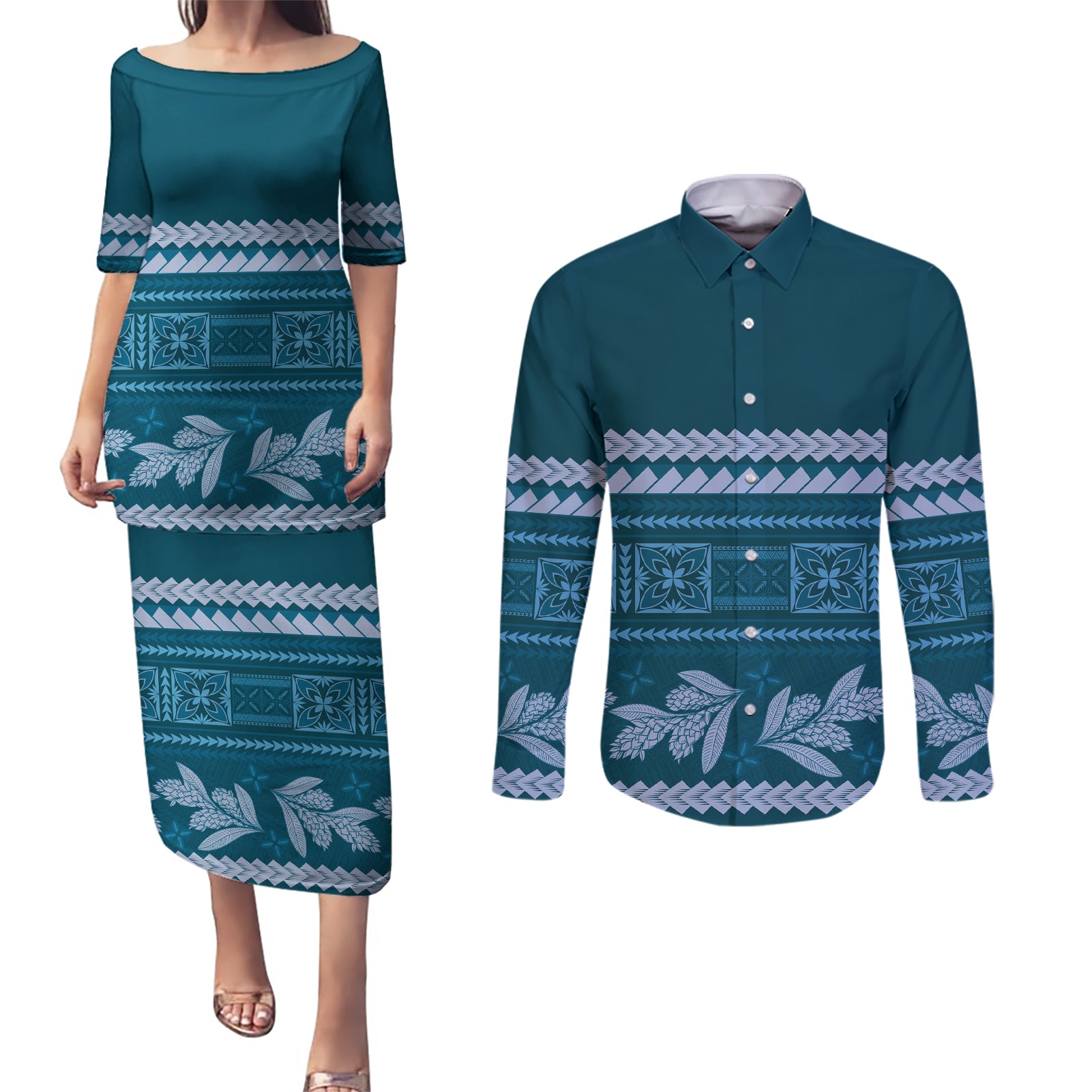 Dark Cyan Samoa Siapo Teuila Flowers Couples Matching Puletasi and Long Sleeve Button Shirt