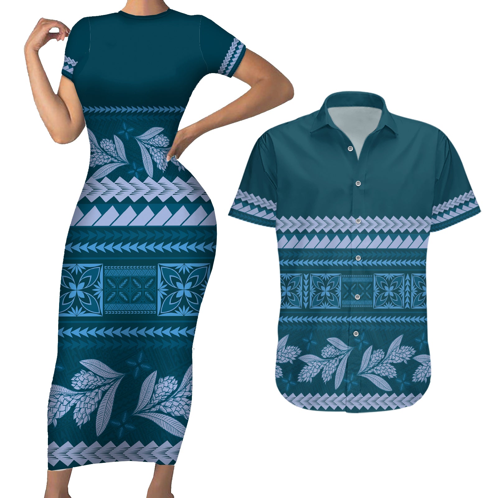 Dark Cyan Samoa Siapo Teuila Flowers Couples Matching Short Sleeve Bodycon Dress and Hawaiian Shirt