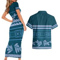 Dark Cyan Samoa Siapo Teuila Flowers Couples Matching Short Sleeve Bodycon Dress and Hawaiian Shirt