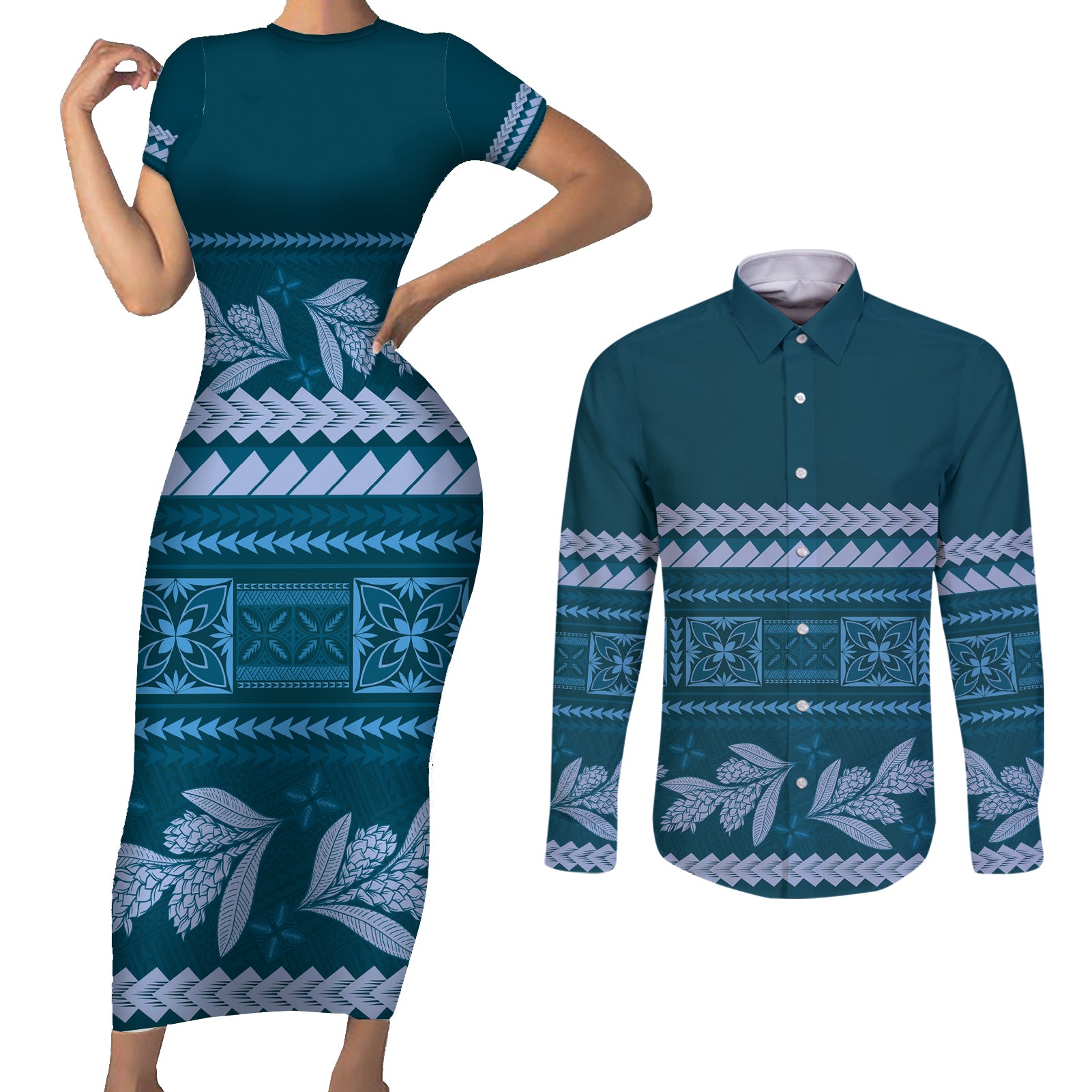 Dark Cyan Samoa Siapo Teuila Flowers Couples Matching Short Sleeve Bodycon Dress and Long Sleeve Button Shirt