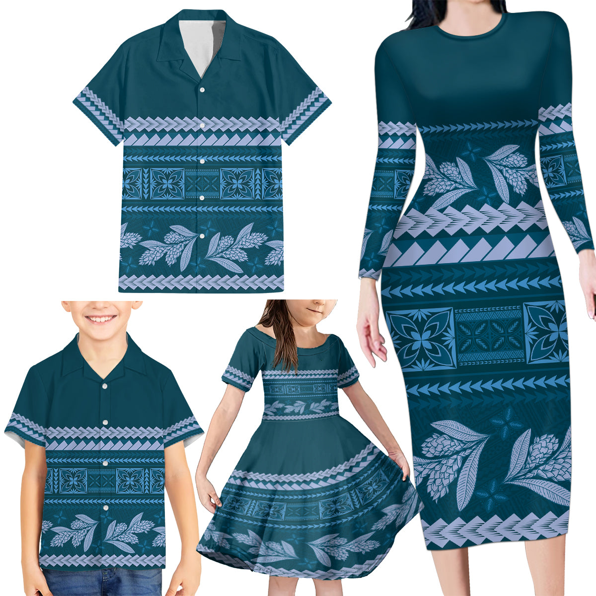 Dark Cyan Samoa Siapo Teuila Flowers Family Matching Long Sleeve Bodycon Dress and Hawaiian Shirt