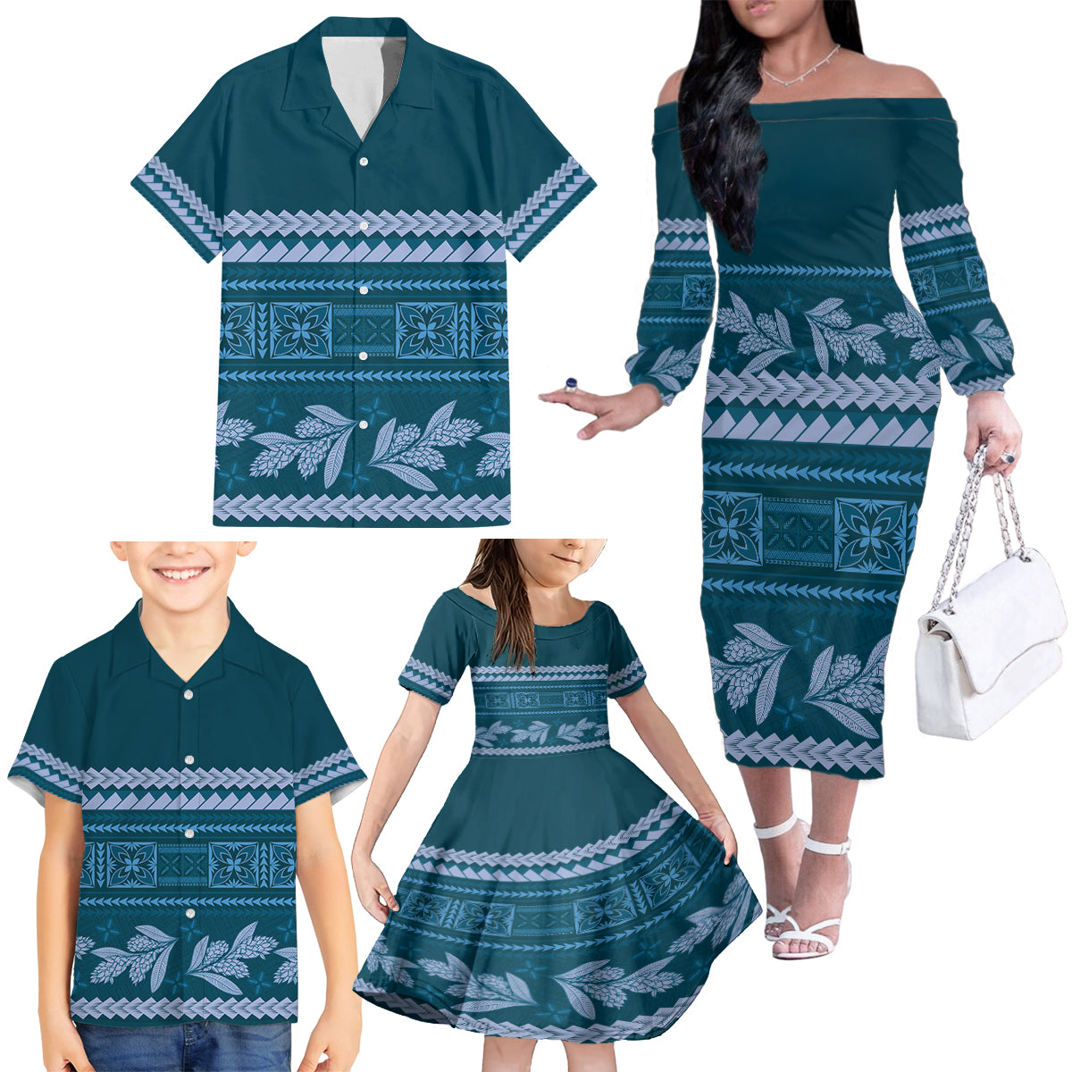 Dark Cyan Samoa Siapo Teuila Flowers Family Matching Off The Shoulder Long Sleeve Dress and Hawaiian Shirt