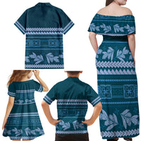 Dark Cyan Samoa Siapo Teuila Flowers Family Matching Off Shoulder Maxi Dress and Hawaiian Shirt