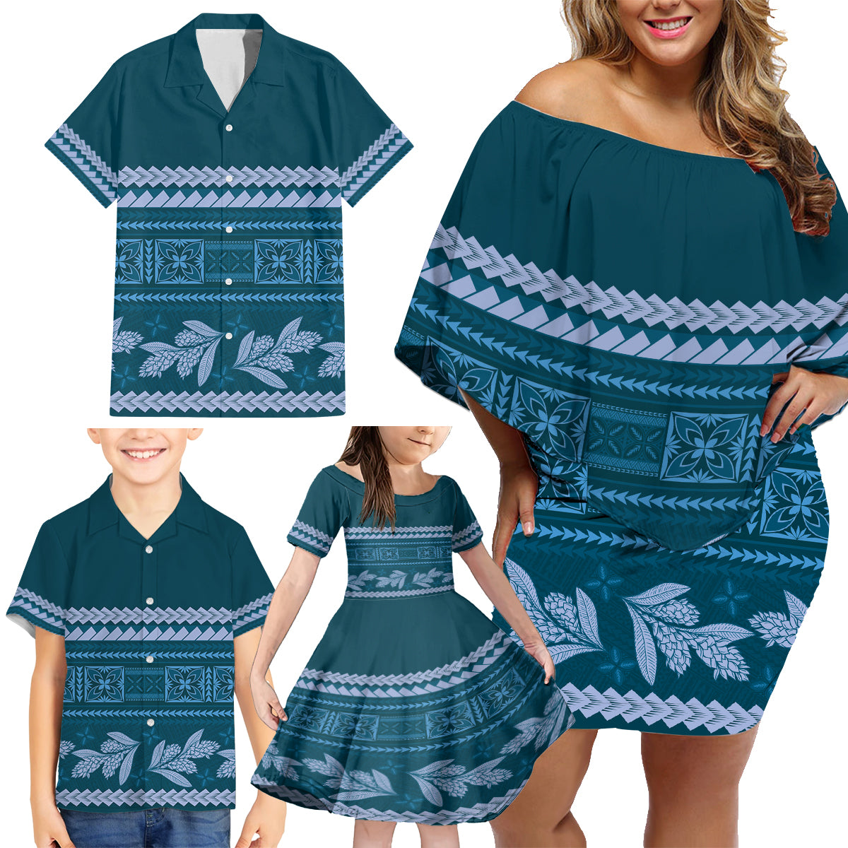 Dark Cyan Samoa Siapo Teuila Flowers Family Matching Off Shoulder Short Dress and Hawaiian Shirt