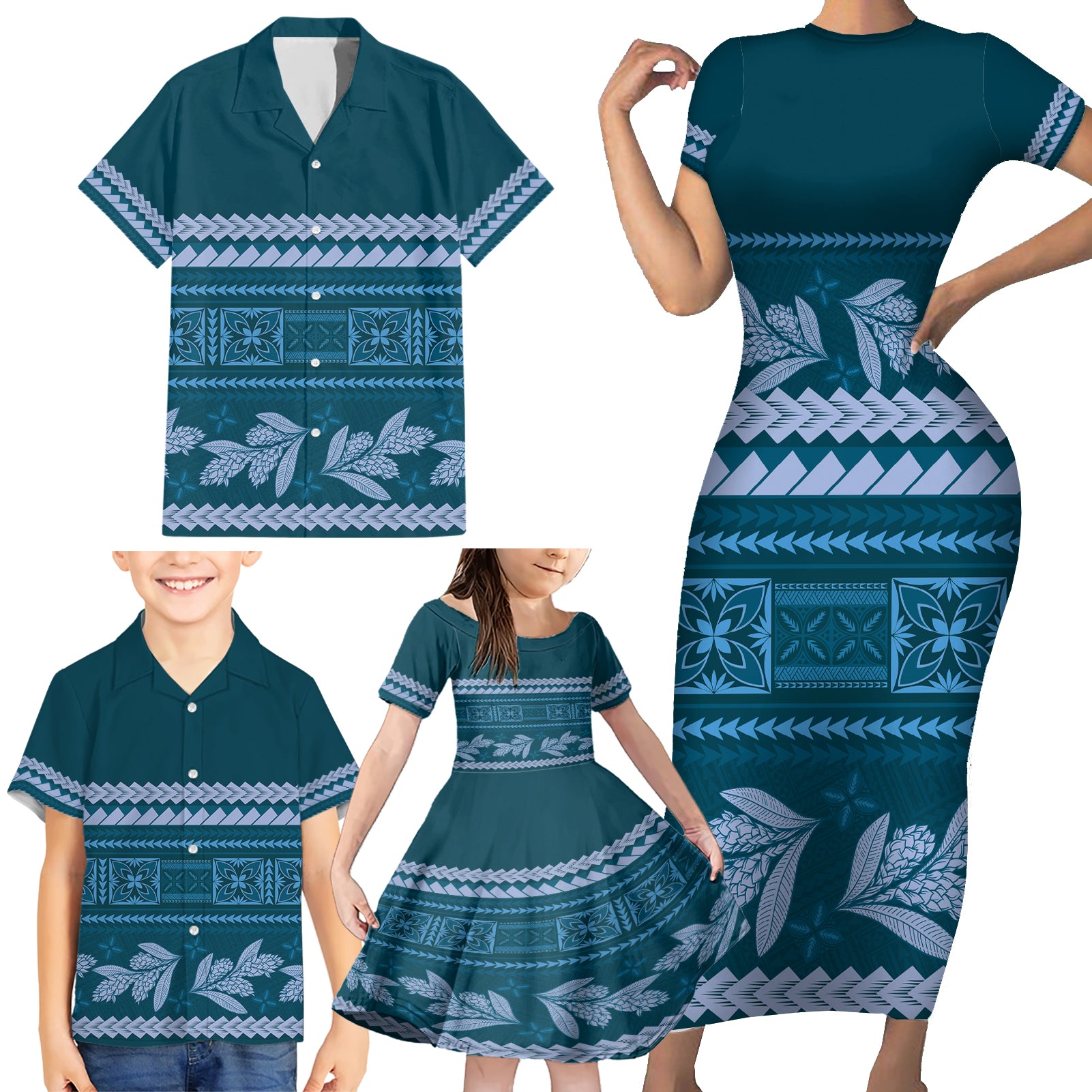 Dark Cyan Samoa Siapo Teuila Flowers Family Matching Short Sleeve Bodycon Dress and Hawaiian Shirt