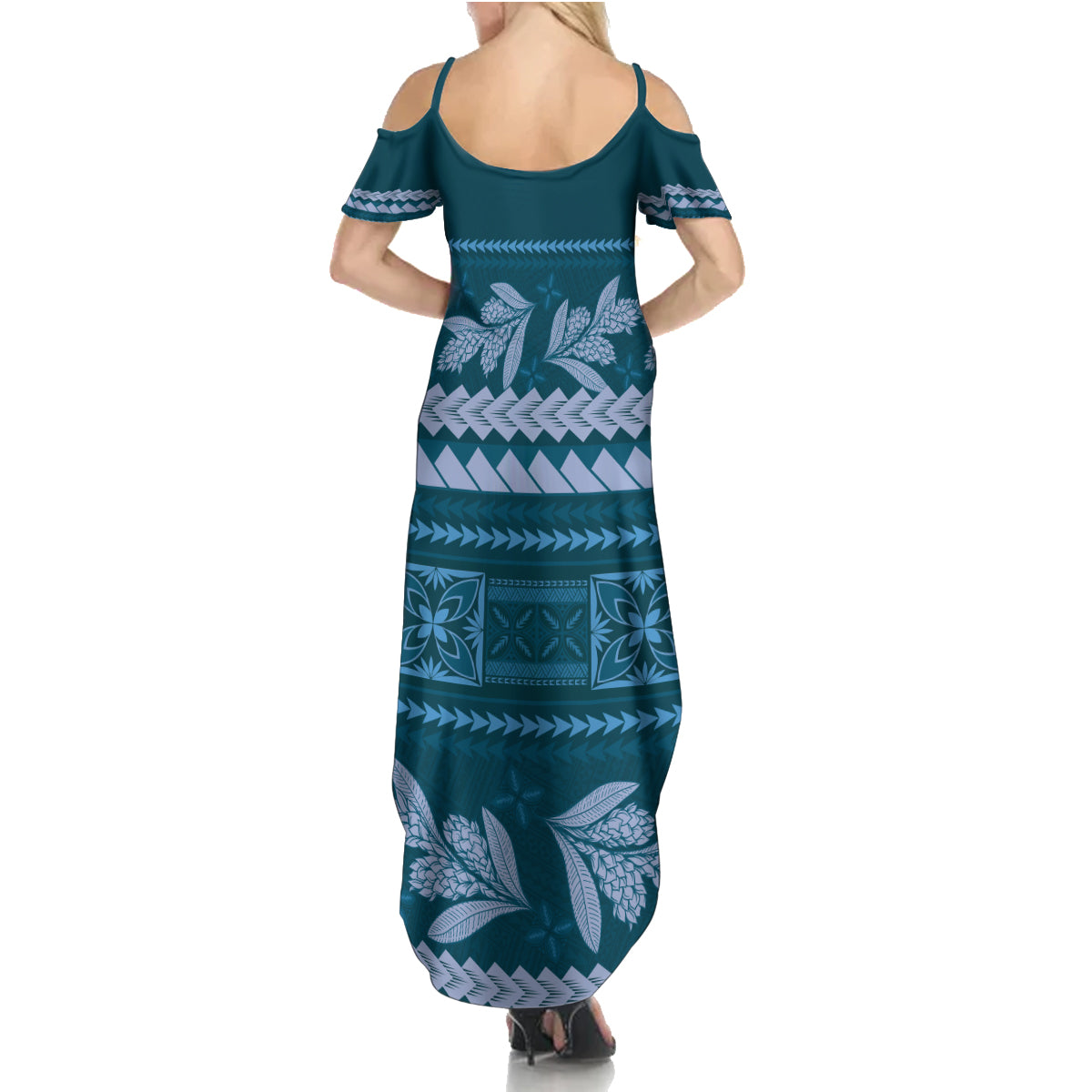 Dark Cyan Samoa Siapo Teuila Flowers Family Matching Summer Maxi Dress and Hawaiian Shirt