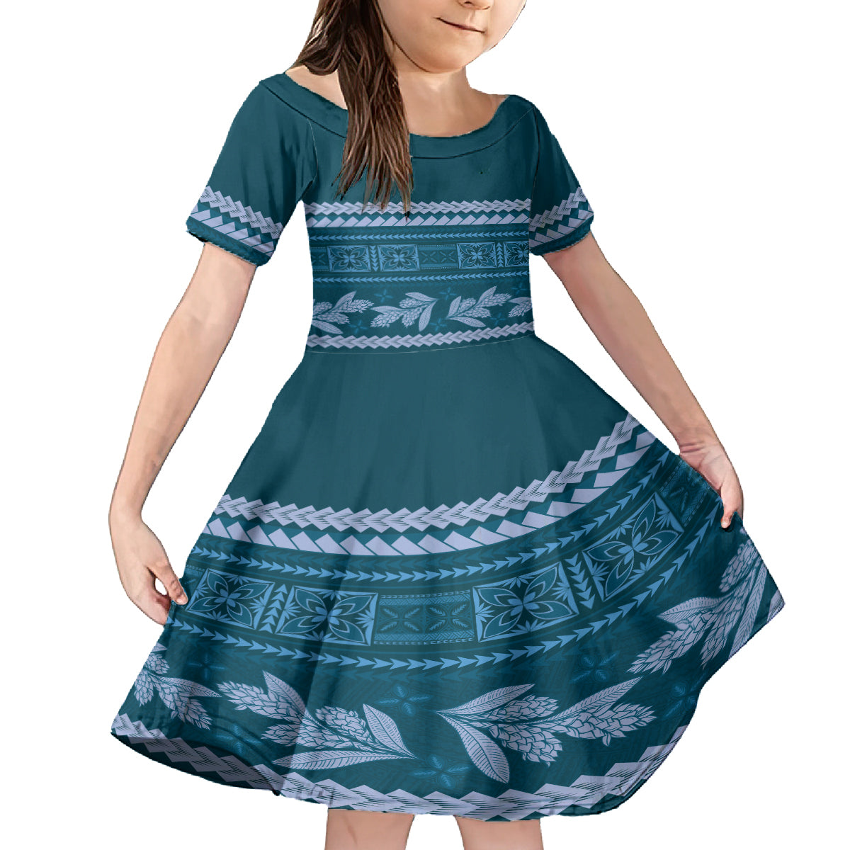 Dark Cyan Samoa Siapo Teuila Flowers Kid Short Sleeve Dress