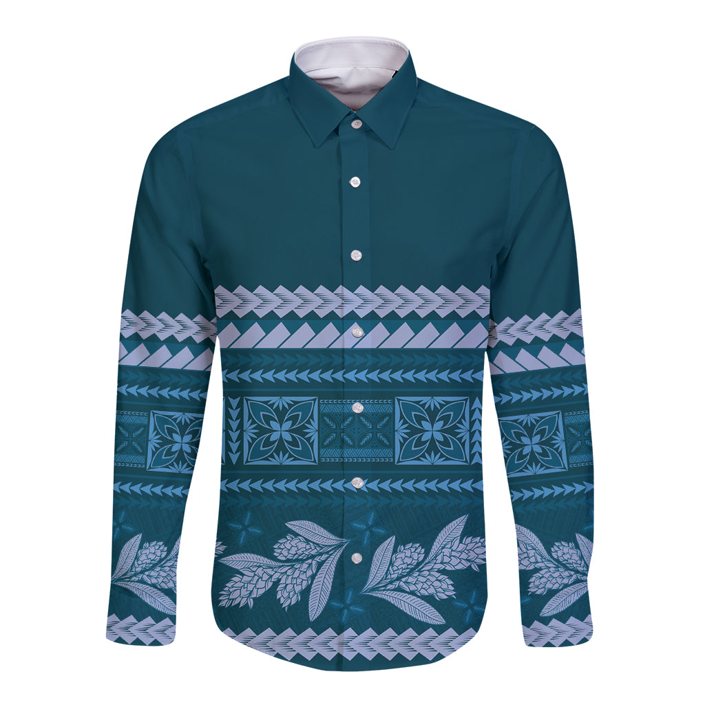 Dark Cyan Samoa Siapo Teuila Flowers Long Sleeve Button Shirt