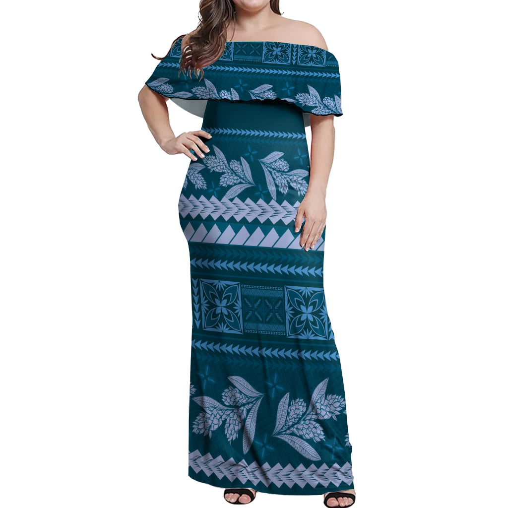 Dark Cyan Samoa Siapo Teuila Flowers Off Shoulder Maxi Dress