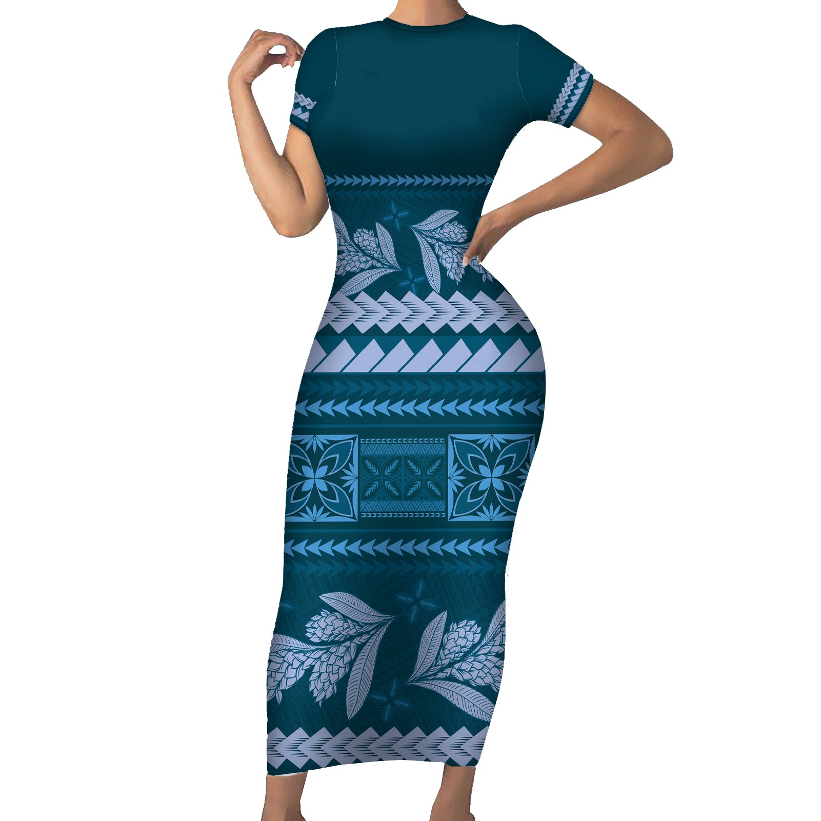 Dark Cyan Samoa Siapo Teuila Flowers Short Sleeve Bodycon Dress