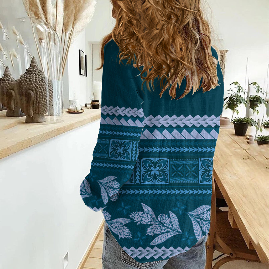 Dark Cyan Samoa Siapo Teuila Flowers Women Casual Shirt